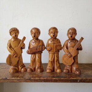 Set of 4 Vintage Hand Carved Wood Musicians Choir Boys Figurines MCM Folk Art